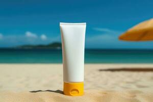 blanco tubo con cara crema o cuerpo loción en mar antecedentes. productos cosméticos concepto con spf proteccion. . generativo ai foto