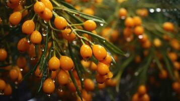 Close-up of a brush of sea buckthorn with splashes.  Berry background. Generative AI photo