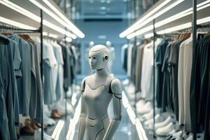 The robot works as a sales assistant in a clothing store. The white robot chooses clothes. Generative AI photo