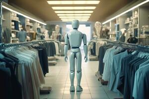 The robot works as a sales assistant in a men's clothing store. The white robot chooses clothes. Generative AI photo