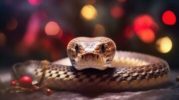 Snake on the background of a red Christmas background. Symbol of 2025. Chinese New Year. Generative AI photo