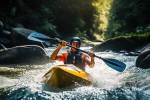 un estimulante momento de un kayakista navegando mediante rápido - Moviente rápidos en un río. generativo ai foto