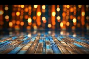 Photo of wooden empty floor with bokeh lights in the background. Christmas product promotion concept. Generative AI