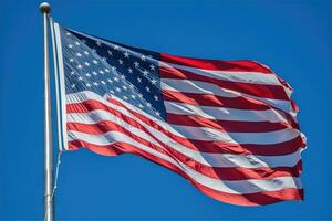 A powerful image of an American flag waving proudly in the wind against a clear blue sky. Generative AI photo