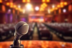 A photograph with the microphone in focus above the lecture hall lectern. photo