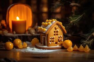 Decorated with gingerbread and a house on top Christmas cake. Background bokeh effect, candles, tree and ornaments. photo