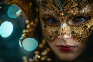 A close - up of a person's eyes behind a masquerade mask. Generative AI photo