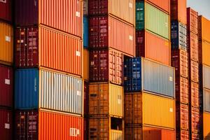 Close - up shot of a stack of shipping containers at a busy port, emphasizing the logistical aspect of cargo transportation. photo