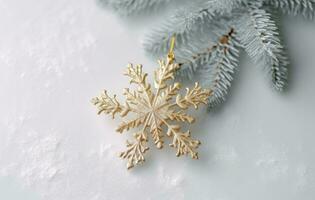 White and gold Christmas decorations in glowing lights in the snow. Minimalist new year concept. Generative AI photo