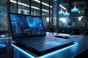 A striking image of cutting edge technology in a business setting, such as a close - up of a sleek laptop, a smartphone with a futuristic display, or a high - tech conference room setup. photo