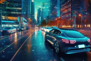 A photo of a self - driving car navigating through a cityscape, showcasing the advancements in autonomous vehicle technology.