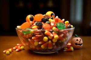 A close - up of a bowl filled with Halloween candies. Generative AI photo