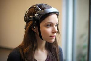 A photo of a person wearing an advanced wearable device that enhances their cognitive abilities, such as memory augmentation or real - time language translation. Generative AI