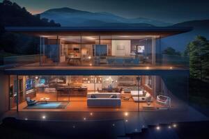 Photo of a futuristic smart home, showcasing automated systems and interconnected devices.