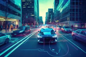 A photo of a self - driving car navigating through a cityscape, showcasing the advancements in autonomous vehicle technology.