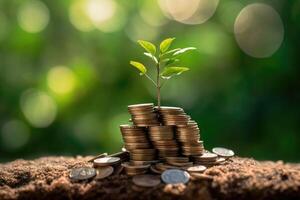 An image that represents the idea of financial growth and investment by photographing a sprouting plant or tree growing out of a pile of coins. photo