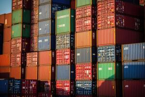 Close - up shot of a stack of shipping containers at a busy port, emphasizing the logistical aspect of cargo transportation. photo