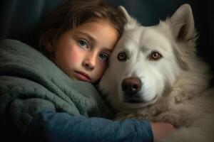 A photo of a child and their dog snuggled up together on a cozy couch.