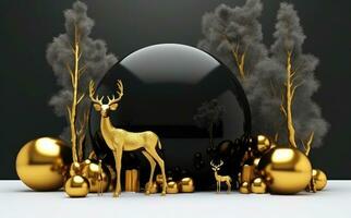 Golden deer and christmas decorations in front of black background. Generative AI photo