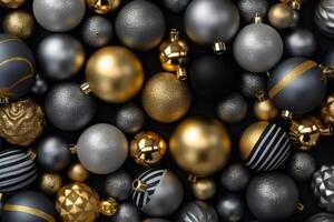 Golden christmas decorations on black background. Generative AI photo