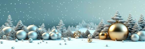 Golden christmas balls, pine tree and christmas decorations in front of blue cold background. Generative AI photo