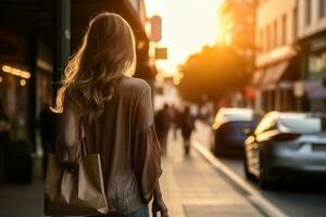 un mujer caminando alrededor el centro comercial antes de Navidad con su compras bolsa. generativo ai foto