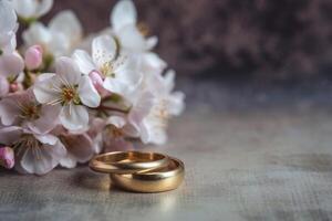 flores en el antecedentes y oro anillos para compromiso. generativo ai foto