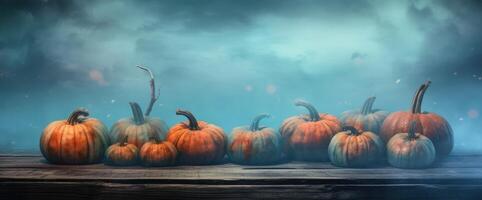 Halloween pumpkins and jack o lanterns on table with beautiful misty atmosphere, mysterious backdrop. Generative AI photo