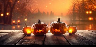 Halloween pumpkins and jack o lanterns on table with beautiful misty atmosphere, mysterious backdrop. Generative AI photo