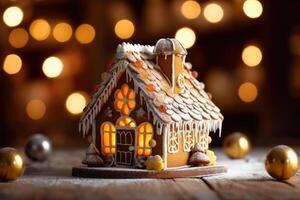 Decorated with gingerbread and a house on top Christmas cake. Background bokeh effect, candles, tree and ornaments. photo