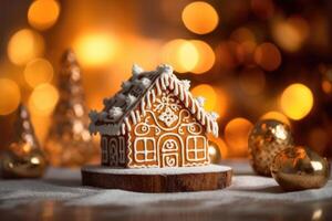 Decorated with gingerbread and a house on top Christmas cake. Background bokeh effect, candles, tree and ornaments. photo