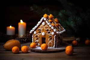 Decorated with gingerbread and a house on top Christmas cake. Background bokeh effect, candles, tree and ornaments. photo
