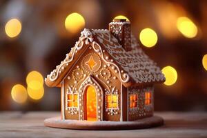 Decorated with gingerbread and a house on top Christmas cake. Background bokeh effect, candles, tree and ornaments. photo