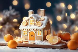 Decorated with gingerbread and a house on top Christmas cake. Background bokeh effect, candles, tree and ornaments. photo
