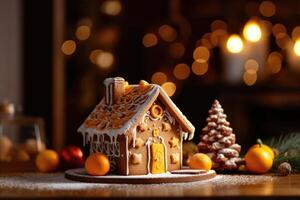 Decorated with gingerbread and a house on top Christmas cake. Background bokeh effect, candles, tree and ornaments. photo