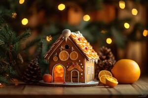 Decorated with gingerbread and a house on top Christmas cake. Background bokeh effect, candles, tree and ornaments. photo