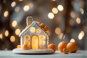 Decorated with gingerbread and a house on top Christmas cake. Background bokeh effect, candles, tree and ornaments. Generative AI photo