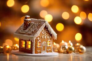 Decorated with gingerbread and a house on top Christmas cake. Background bokeh effect, candles, tree and ornaments. photo