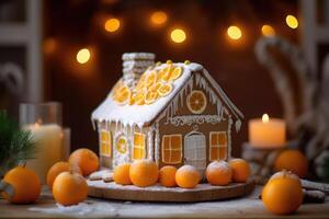 Decorated with gingerbread and a house on top Christmas cake. Background bokeh effect, candles, tree and ornaments. photo