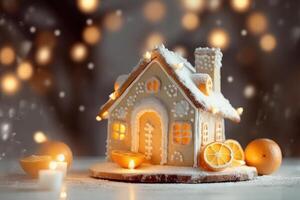 Decorated with gingerbread and a house on top Christmas cake. Background bokeh effect, candles, tree and ornaments. photo