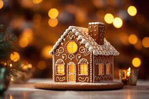 Decorated with gingerbread and a house on top Christmas cake. Background bokeh effect, candles, tree and ornaments. photo