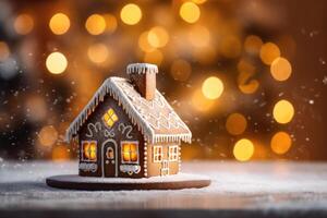 Decorated with gingerbread and a house on top Christmas cake. Background bokeh effect, candles, tree and ornaments. Generative AI photo