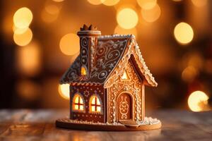 Decorated with gingerbread and a house on top Christmas cake. Background bokeh effect, candles, tree and ornaments. Generative AI photo