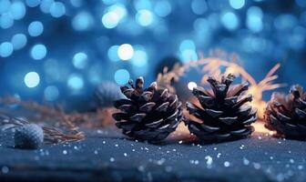 Close-up shot of a tree with cones against a cool blue background. Christmas concept. Generative AI photo