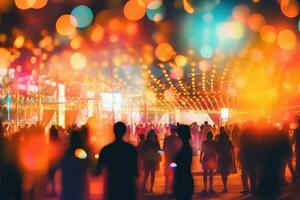 Out of focus photo, crowd of people partying, bokeh lights scene. Generative AI photo