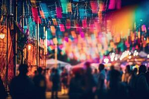 Out of focus photo, crowd of people partying, bokeh lights scene. Generative AI photo