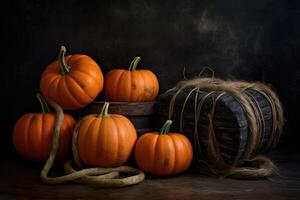 Photo of pumpkins on black wooden background for the holiday Halloween. Generative AI