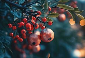 brillante Navidad árbol decorado con ornamental pelotas y rojo bayas para el fiesta estación. generativo ai foto