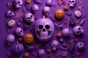 Top view Skulls, pumpkins and horror elements on purple background for holiday Halloween. Generative AI photo