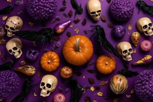 Top view Skulls, pumpkins and horror elements on purple background for holiday Halloween. Generative AI photo